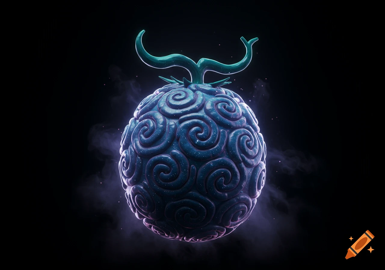A stylized dark blue devil fruit with purple spiral patterns and a green horn-like stem, against a smoky black background.