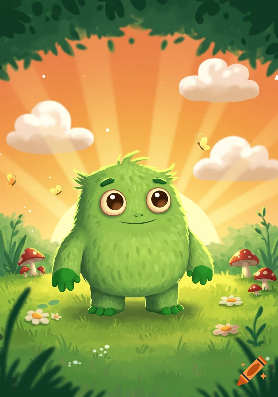 A cute, fuzzy green monster with big eyes stands in a sunny, grassy field with mushrooms, flowers, and butterflies in 2D cartoon style.