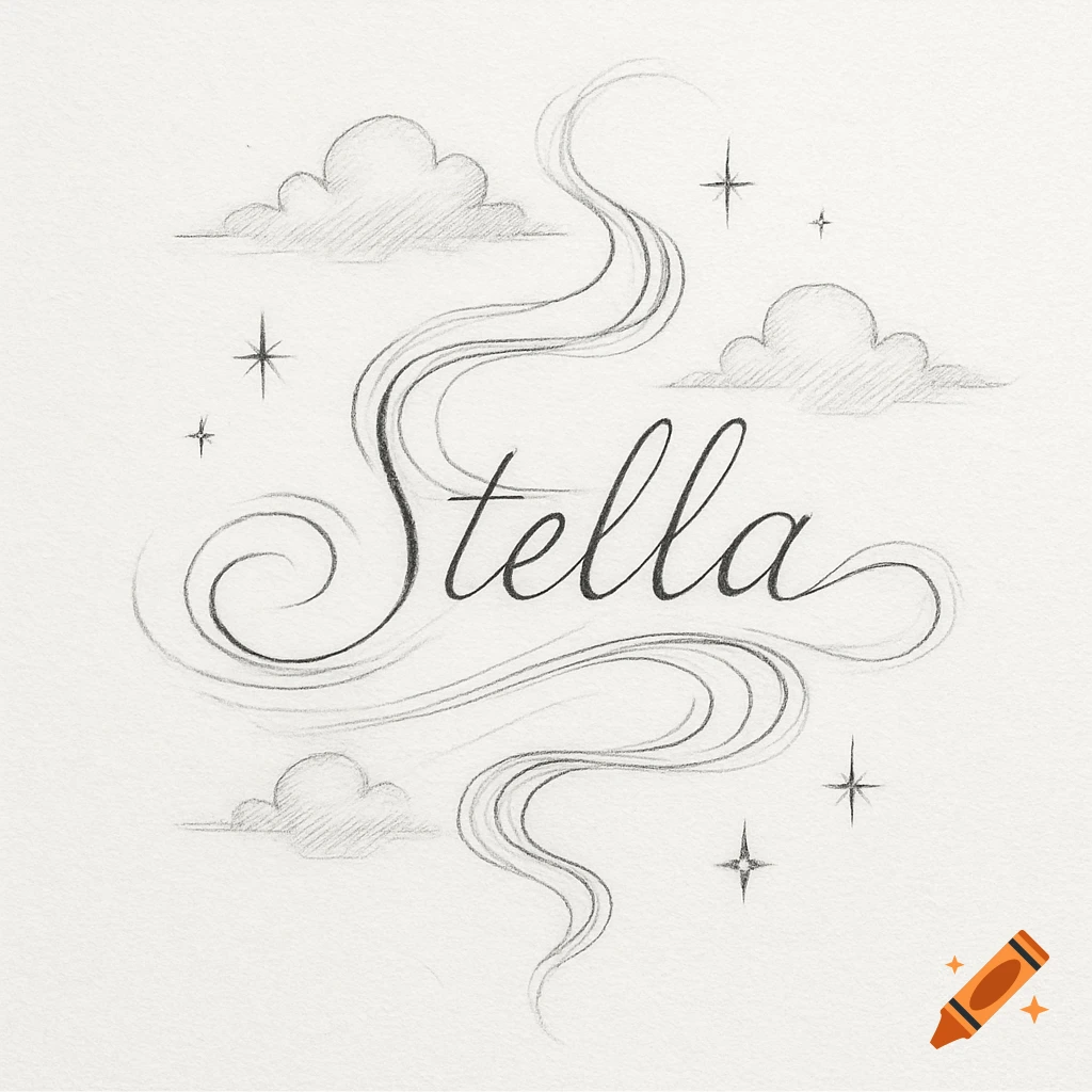 Delicate black and white pencil sketch of the name 'Stella' with flowing curves, clouds, and stars.