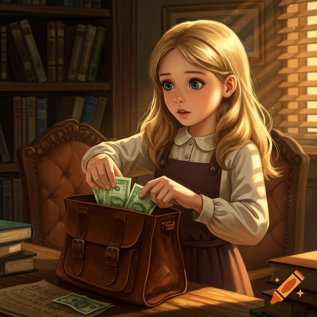 An illustrated young girl with blonde hair places money into a brown leather bag on a desk in a library.