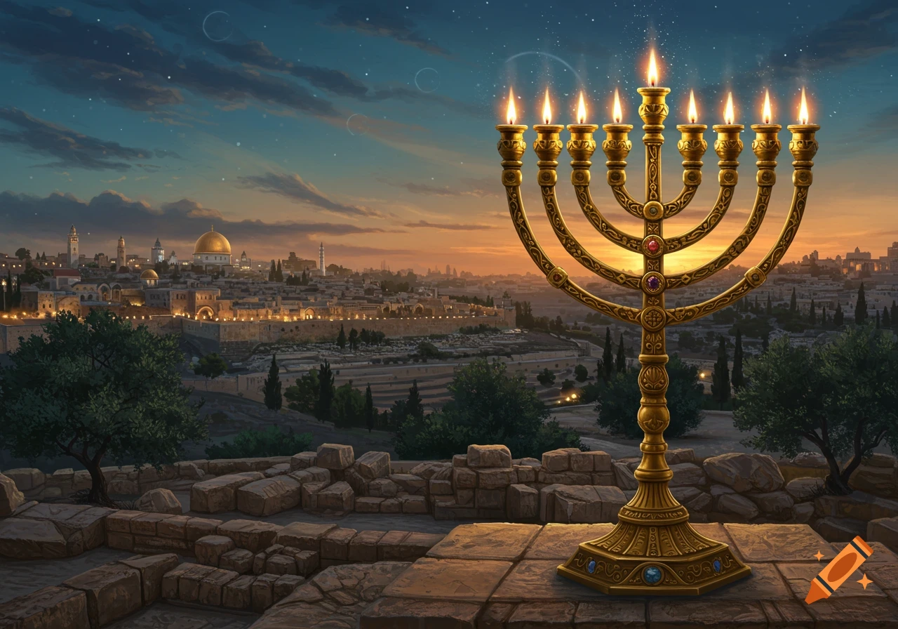 A golden menorah with lit candles stands on stone blocks, overlooking an ancient city at sunset.