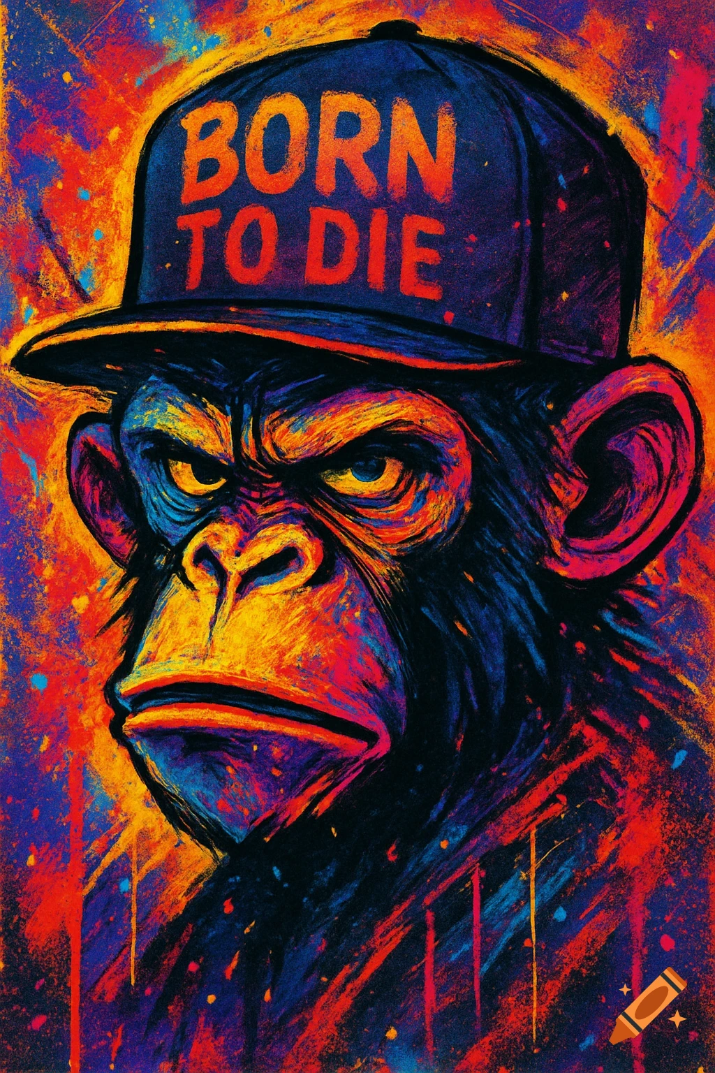 Street art style portrait of an angry chimpanzee wearing a 'BORN TO DIE' baseball cap, against a colorful splattered background.