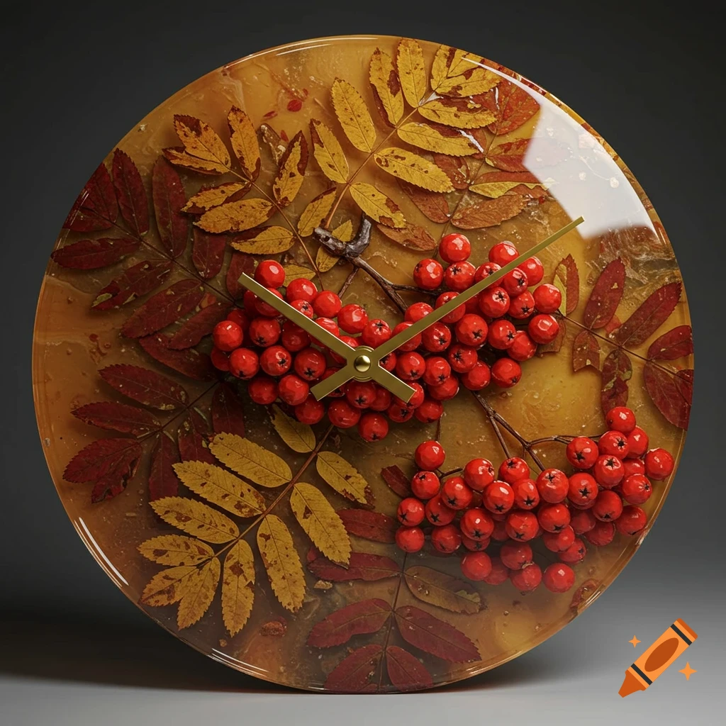 A round epoxy resin clock with real red rowan berries and yellow-red autumn leaves encased inside, with gold clock hands.