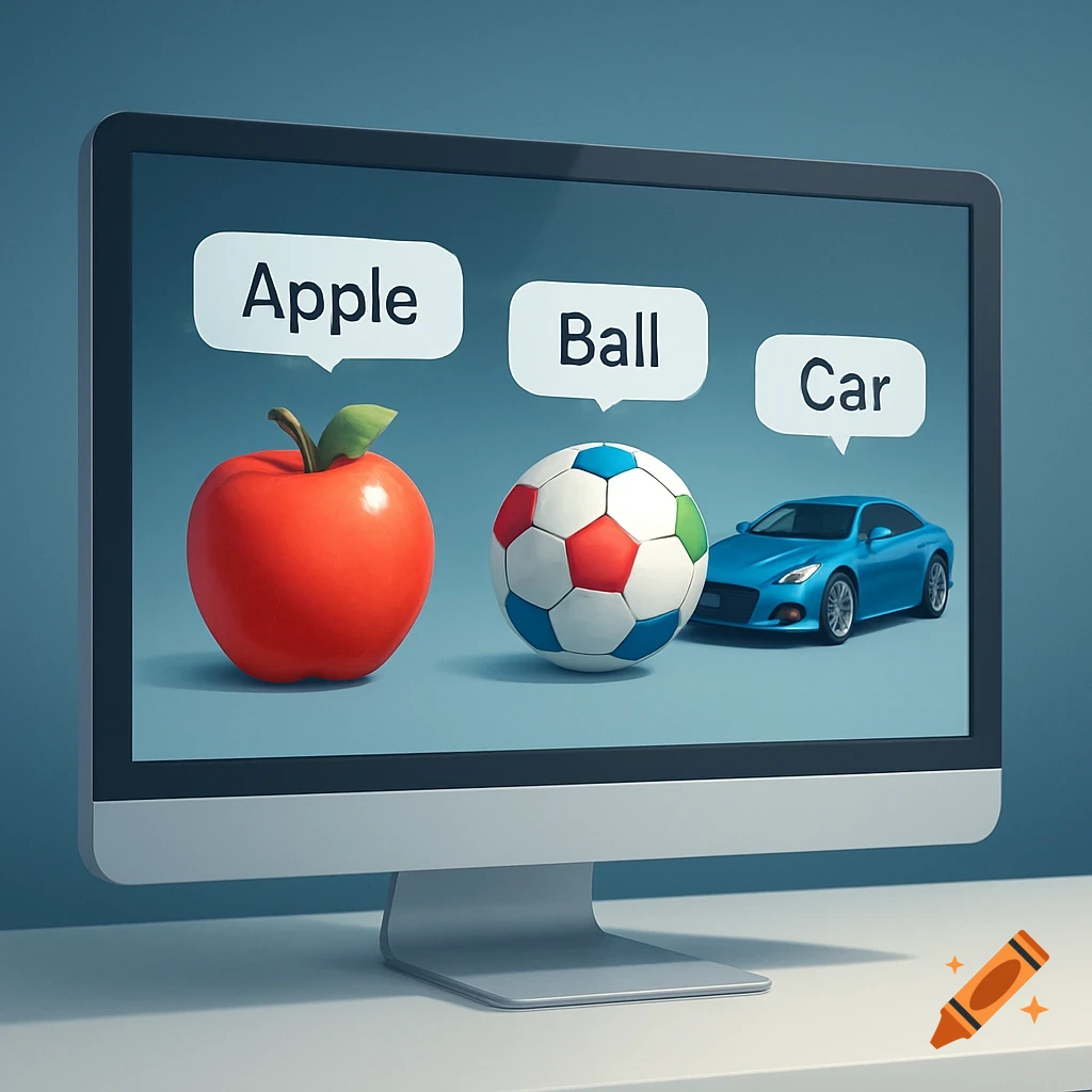 A computer monitor displays an apple, a soccer ball, and a blue car, each with a text label above it reading "Apple", "Ball", and "Car" respectively.