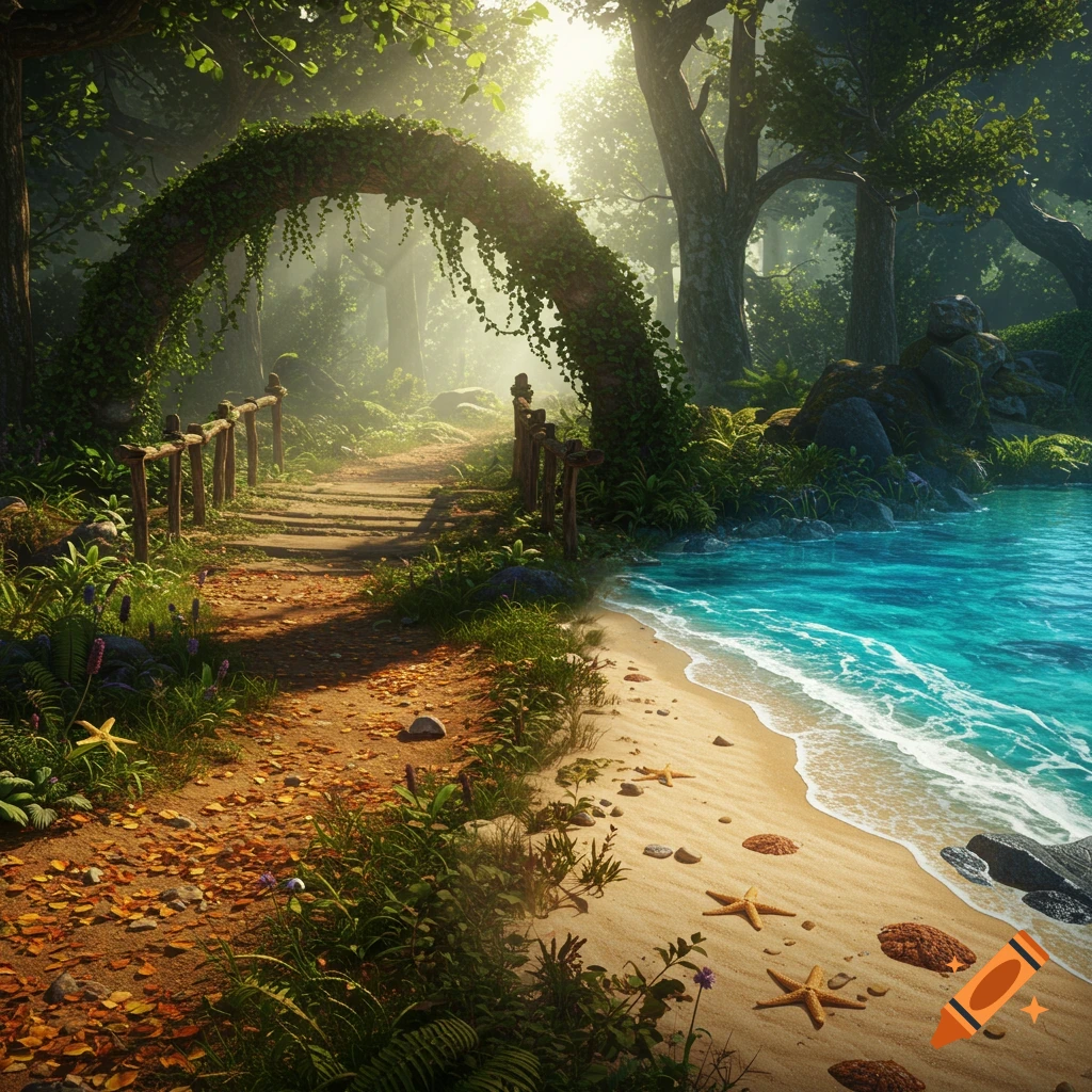 A lush, sunlit forest path with a vine-covered arch meets a vibrant sandy beach with starfish and turquoise ocean waves.