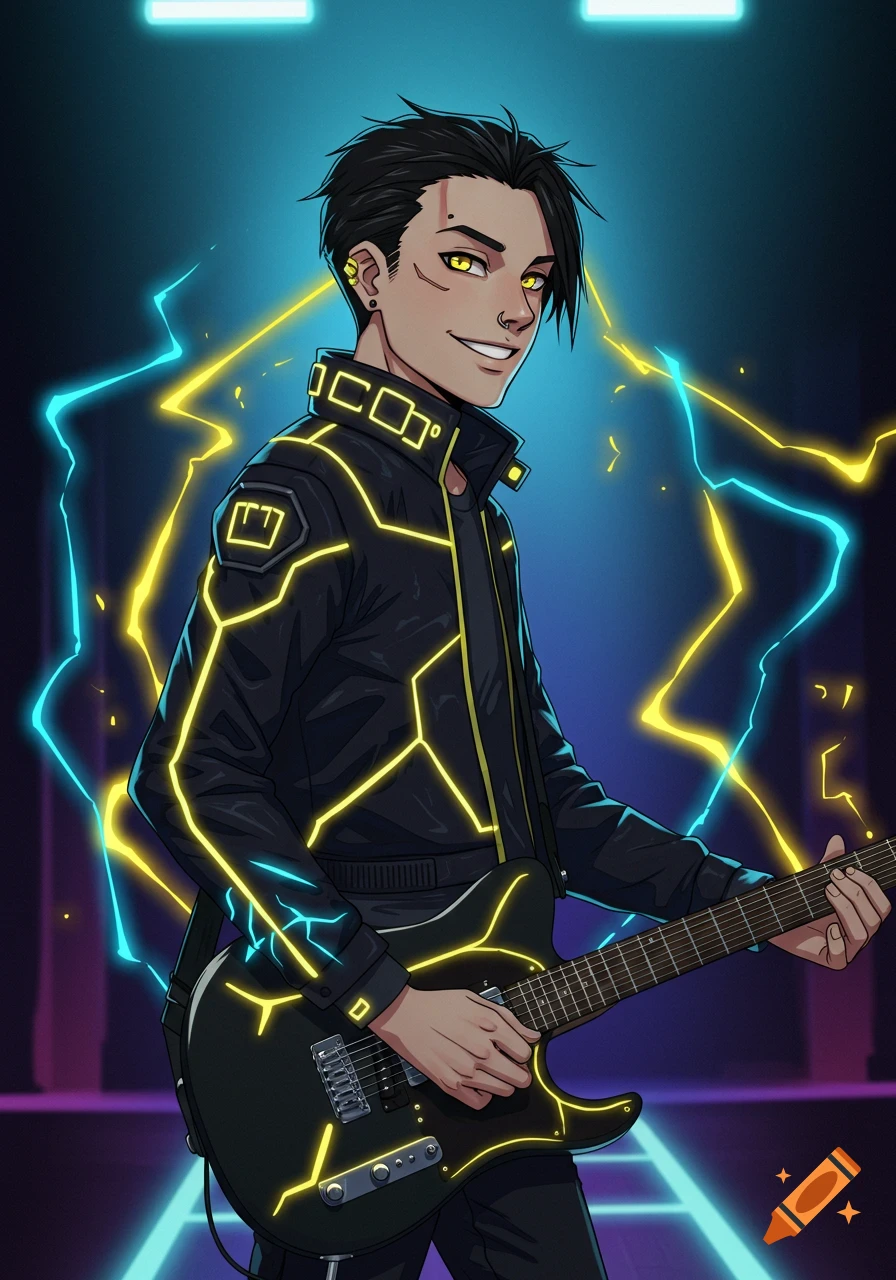 An anime-style young man with black hair and yellow eyes, wearing a black sci-fi jacket with yellow neon lightning, plays an electric guitar with glowing accents as blue and yellow lightning sparkles around him.