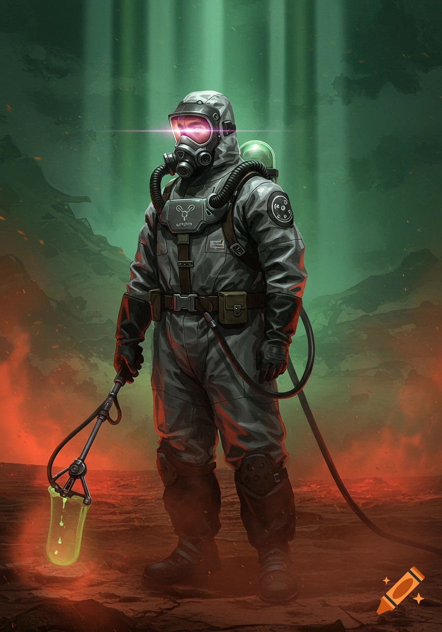 A chemist in a futuristic hazmat suit with glowing goggles stands in a hazardous, red-green environment, holding a device with a glowing yellow substance.