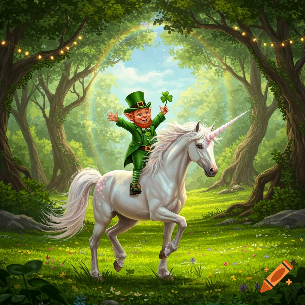 A smiling leprechaun in a green suit rides a white unicorn through a lush, sunlit forest with a rainbow in the background.