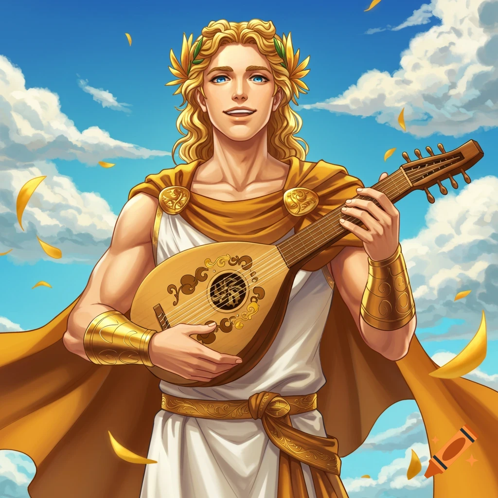 Smiling anime Apollo with blonde hair and golden wreath plays a lute under a blue sky with falling petals.