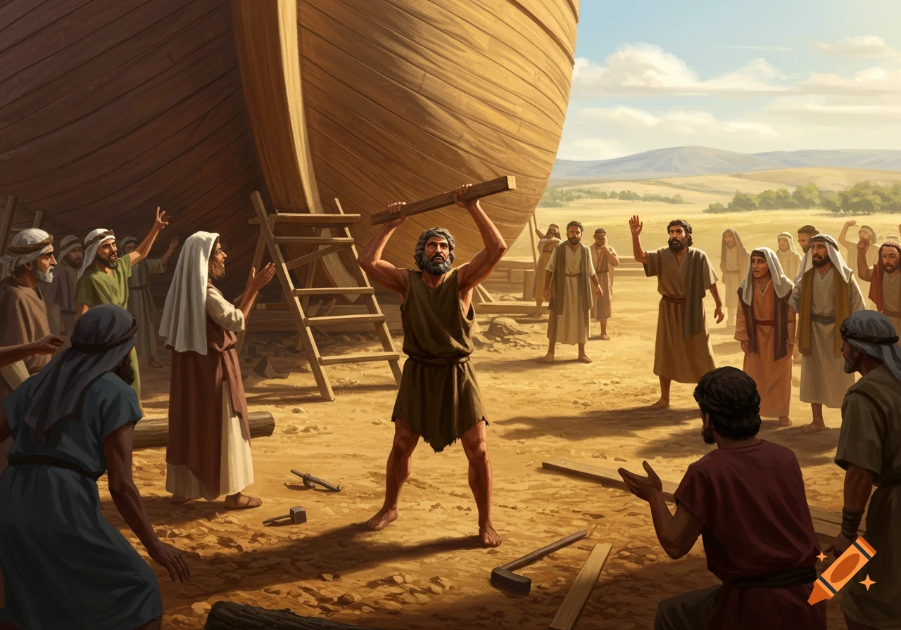 An illustrated scene of a muscular man lifting a wooden beam to build a large ark, surrounded by gesturing men in an ancient, dusty landscape.
