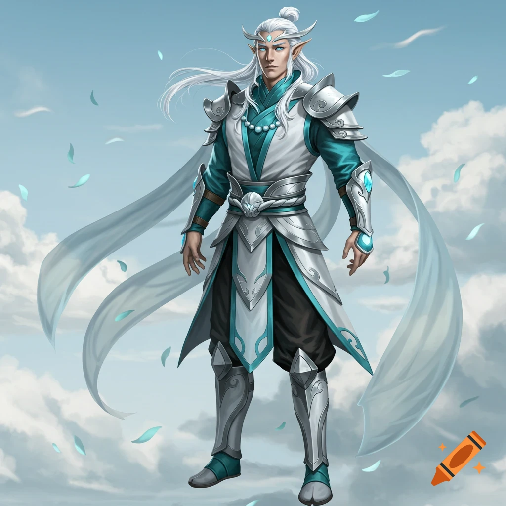 An anime-style CGI warrior with white hair and blue eyes, clad in white and teal armor with a flowing cape, stands among clouds.