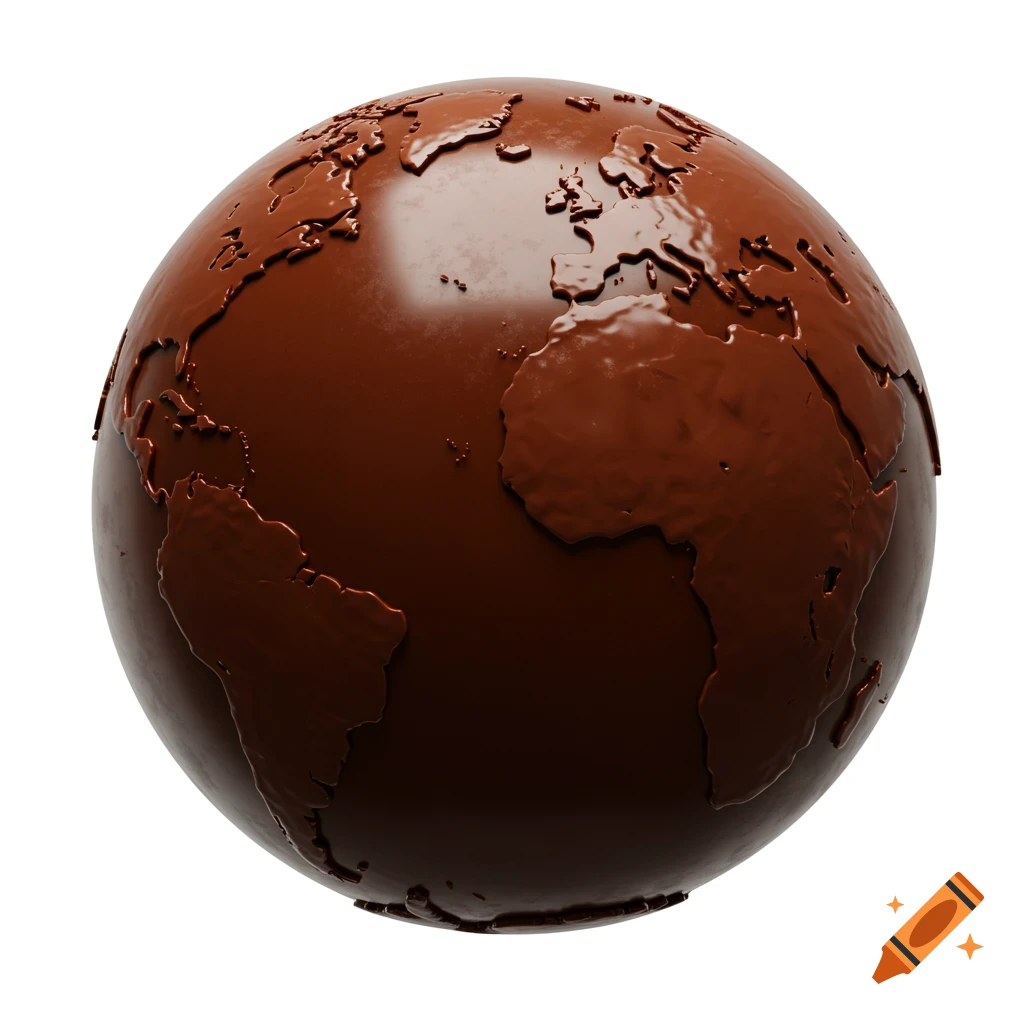 A photorealistic chocolate globe featuring raised landmasses against a white background.