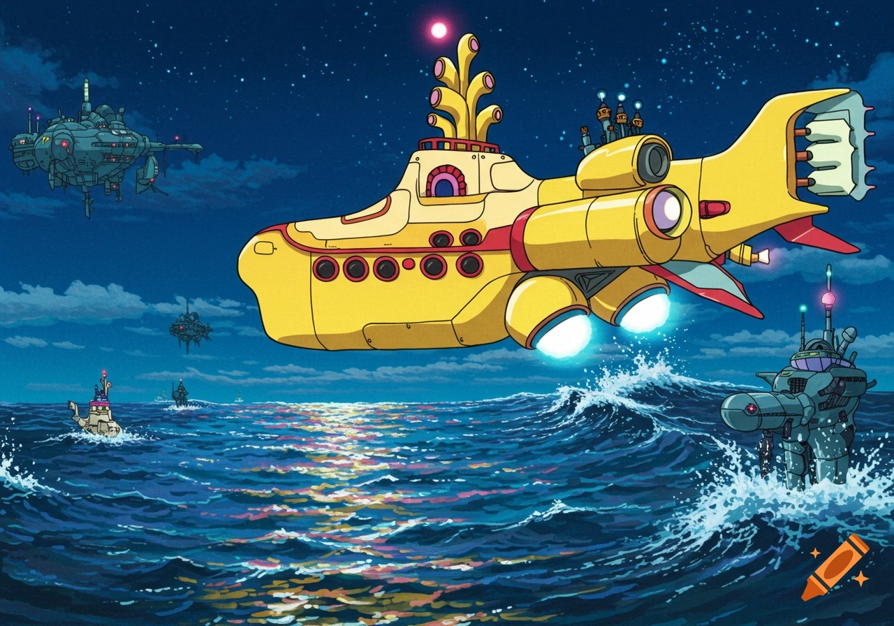 A large yellow anime-style submarine with red accents and glowing engines flies over a wavy ocean under a starry night sky, with other futuristic ships visible.