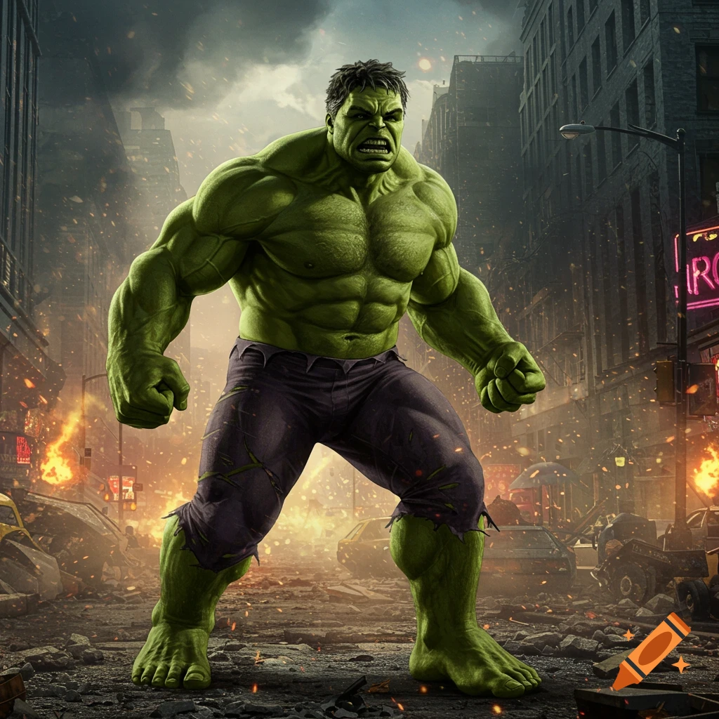 A realistic, angry Hulk stands in a destroyed city street with fires burning and debris scattered around.