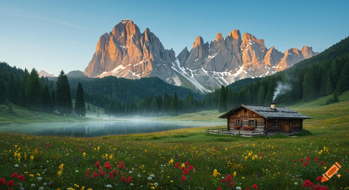 A photorealistic alpine landscape with a rustic cabin by a misty lake, towering mountains, evergreen forests, and a wildflower meadow.