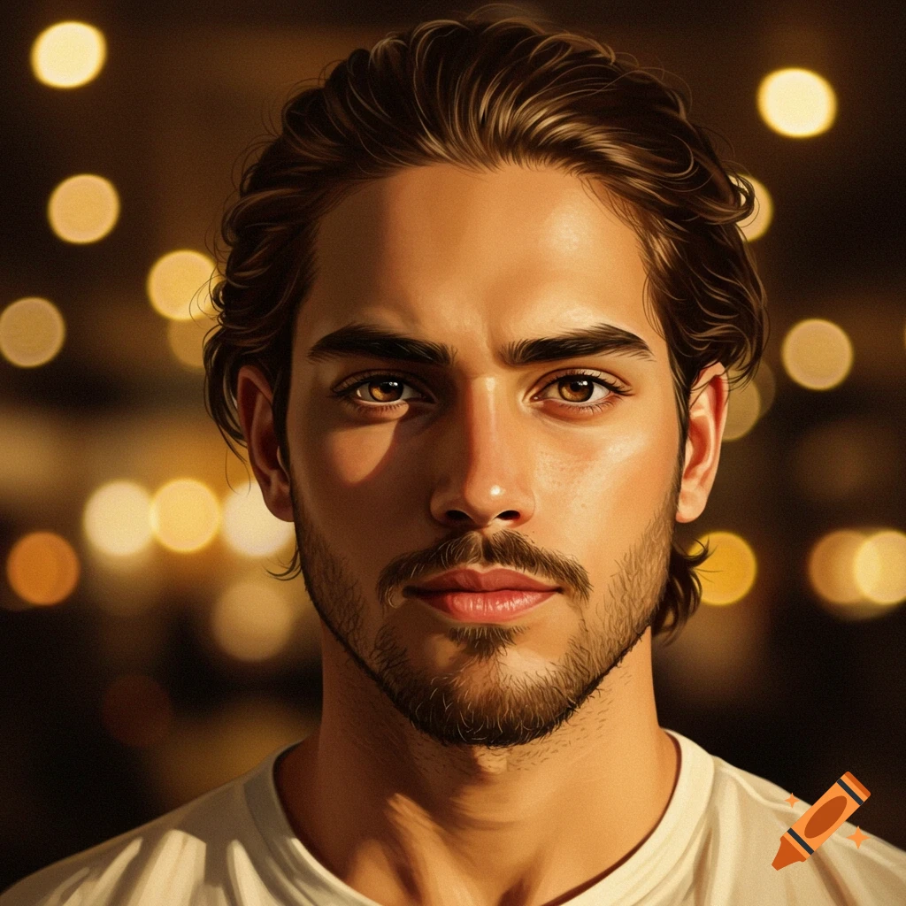 Close-up photorealistic portrait of a young man with brown hair and beard, against a blurry background with bokeh lights.