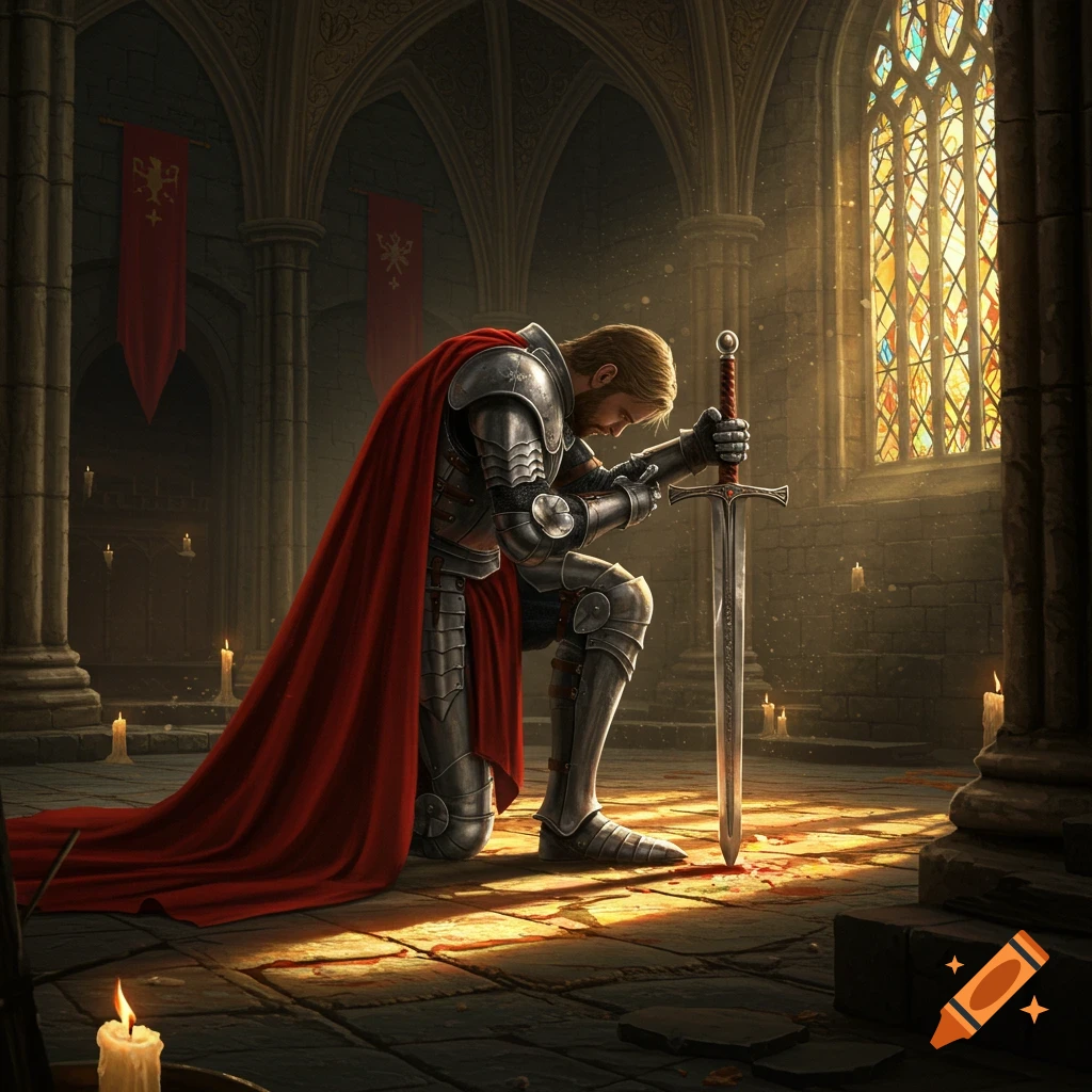 A knight in armor and red cape kneels, gripping a sword in a dramatic, candle-lit church with a stained-glass window.