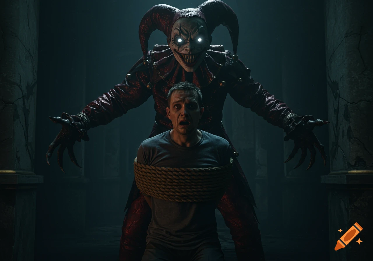 A terrified man tied with rope, a menacing, glow-eyed jester animatronic looming behind him in a dark, stone room.