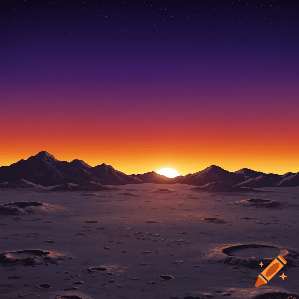 Stylized sunset over a cratered moonscape with distant mountains and a starry purple sky.