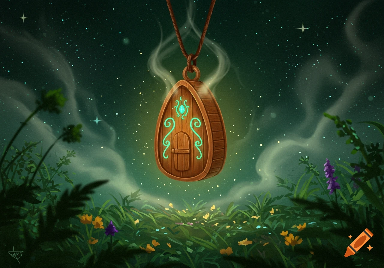 A glowing wooden amulet with a tiny door and teal patterns hangs above a mystical field of glowing plants under a starry night sky.
