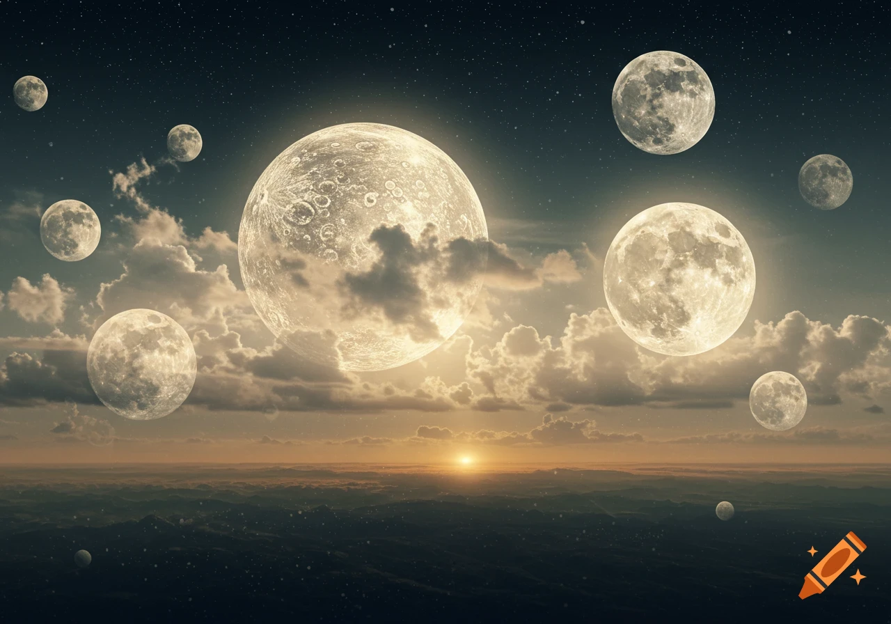 Multiple glowing moons fill a starry night sky above clouds and a distant sunset over a mountainous landscape.