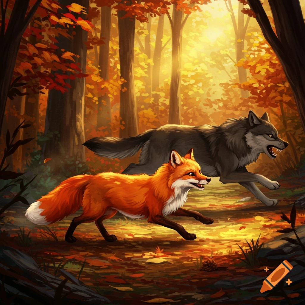 A red fox runs through a sunlit autumn forest, chased by a grey wolf in a vibrant digital art illustration.