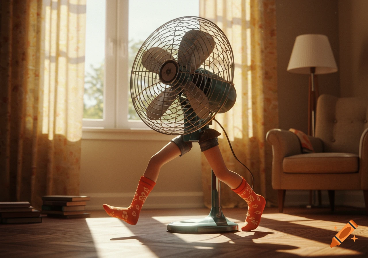 A vintage fan with human legs and red socks stands on a wooden floor in a sunlit room, photorealistic.