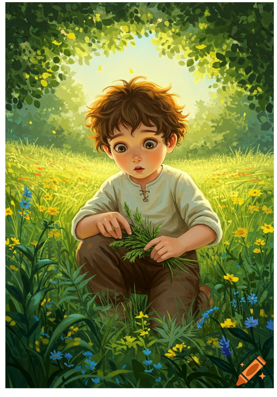 Whimsical illustration of a young boy crouching in a sunny field, holding herbs among yellow and blue wildflowers.