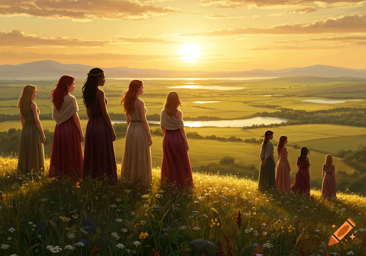 A line of women stand on a grassy hill, gazing at a golden sunset over a vast green valley with lakes.