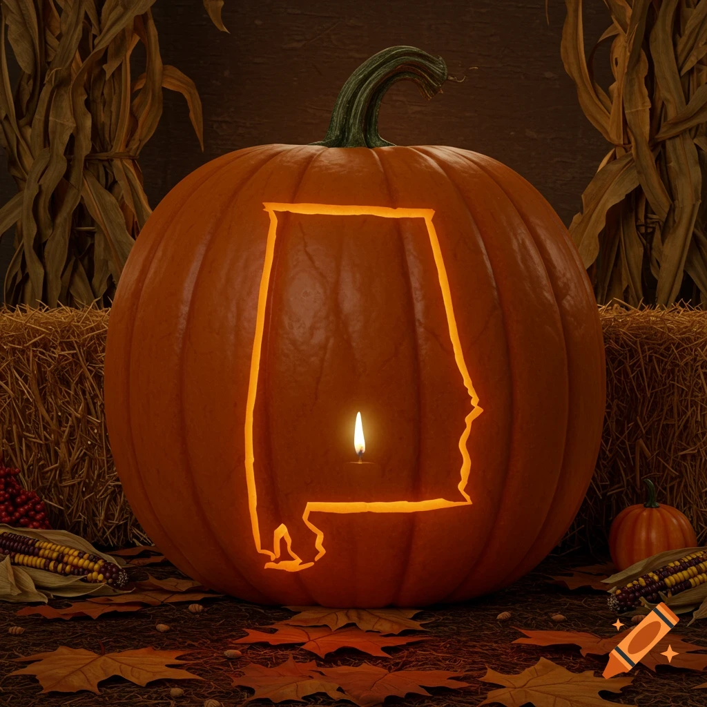 A Halloween pumpkin carved with the outline of the state of Alabama, glowing with a candle inside, surrounded by autumn decorations.