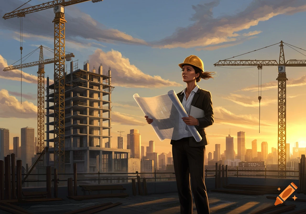 An architect in a hard hat holds blueprints on a construction site rooftop overlooking a city skyline at sunset.