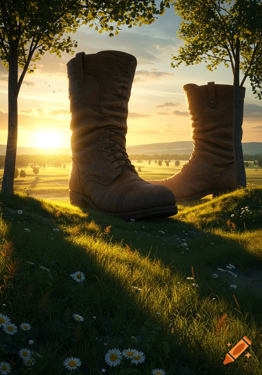 Comically large brown boots on a grassy hill at sunset, framed by trees, in a photorealistic cinematic style.