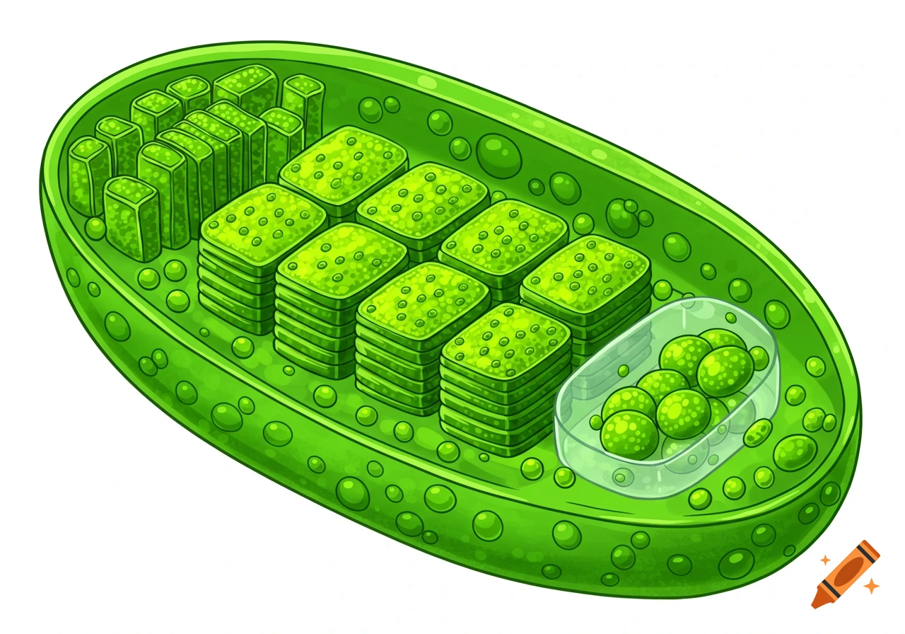 A cartoon-style diagram of a cut-open chloroplast showing internal structures like stacks of grana and individual thylakoids.