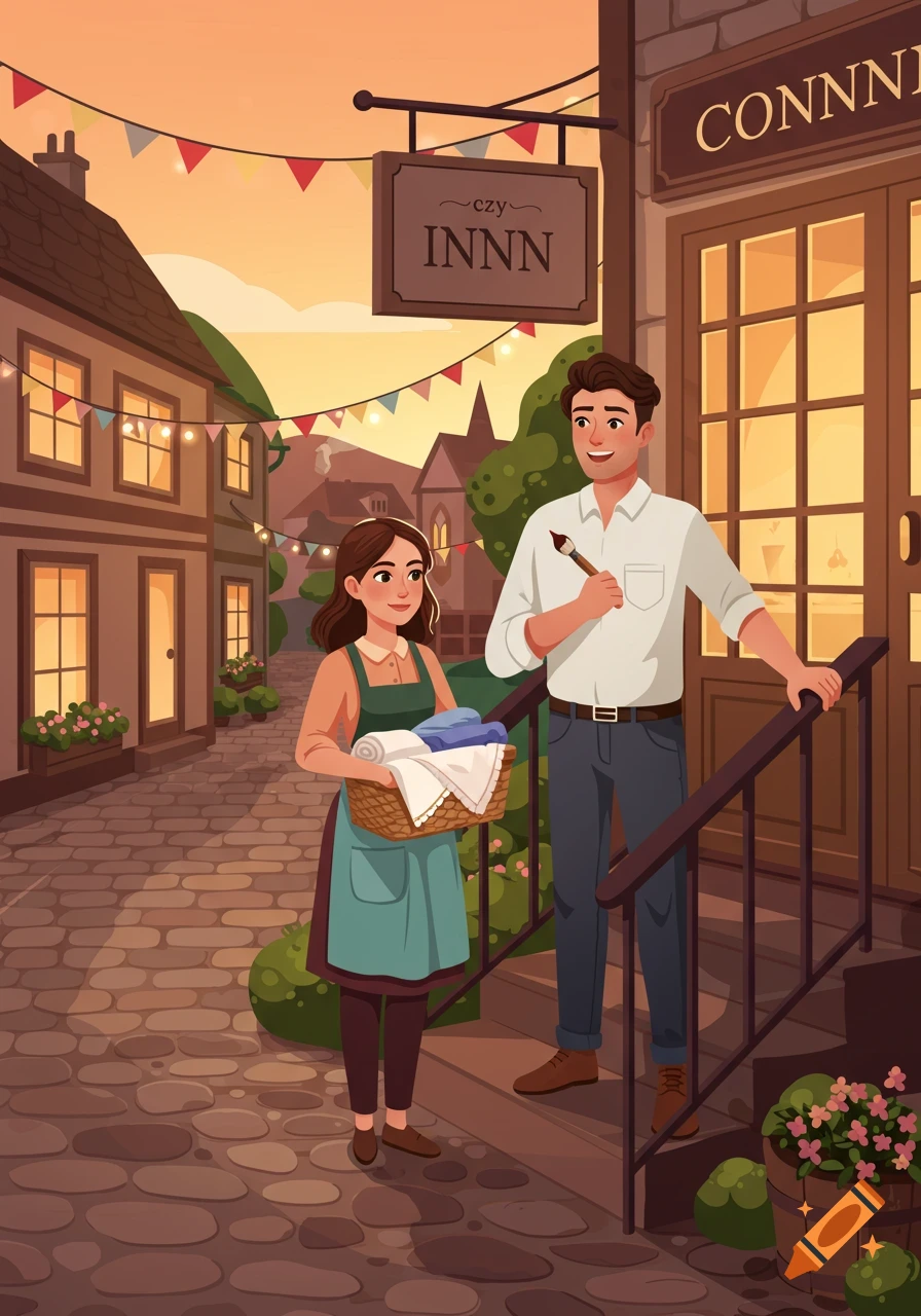 A man with a paintbrush and a woman with a basket of linens stand on the steps of a charming inn on a cobblestone street at sunset in a cartoon illustration.