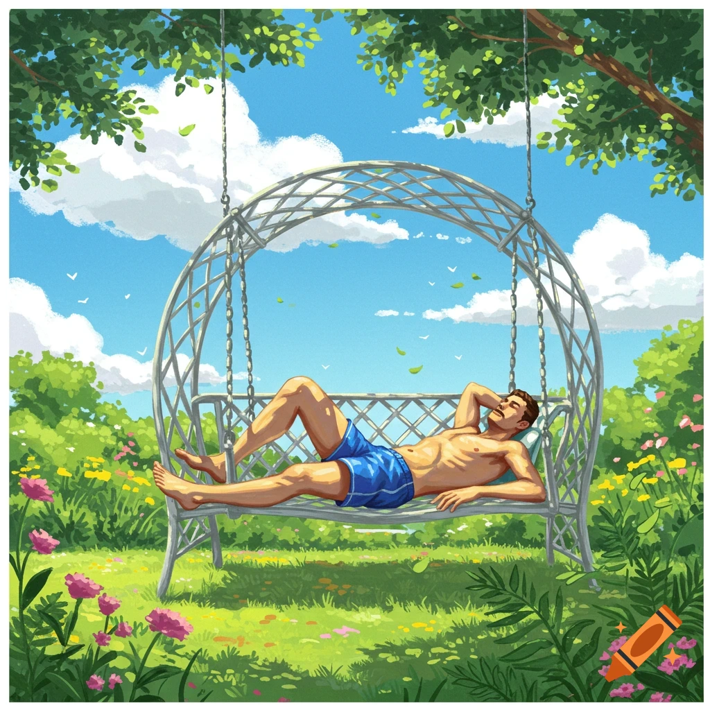 An illustrated man in blue swim shorts relaxing on a white garden swing under a tree in a lush green garden.