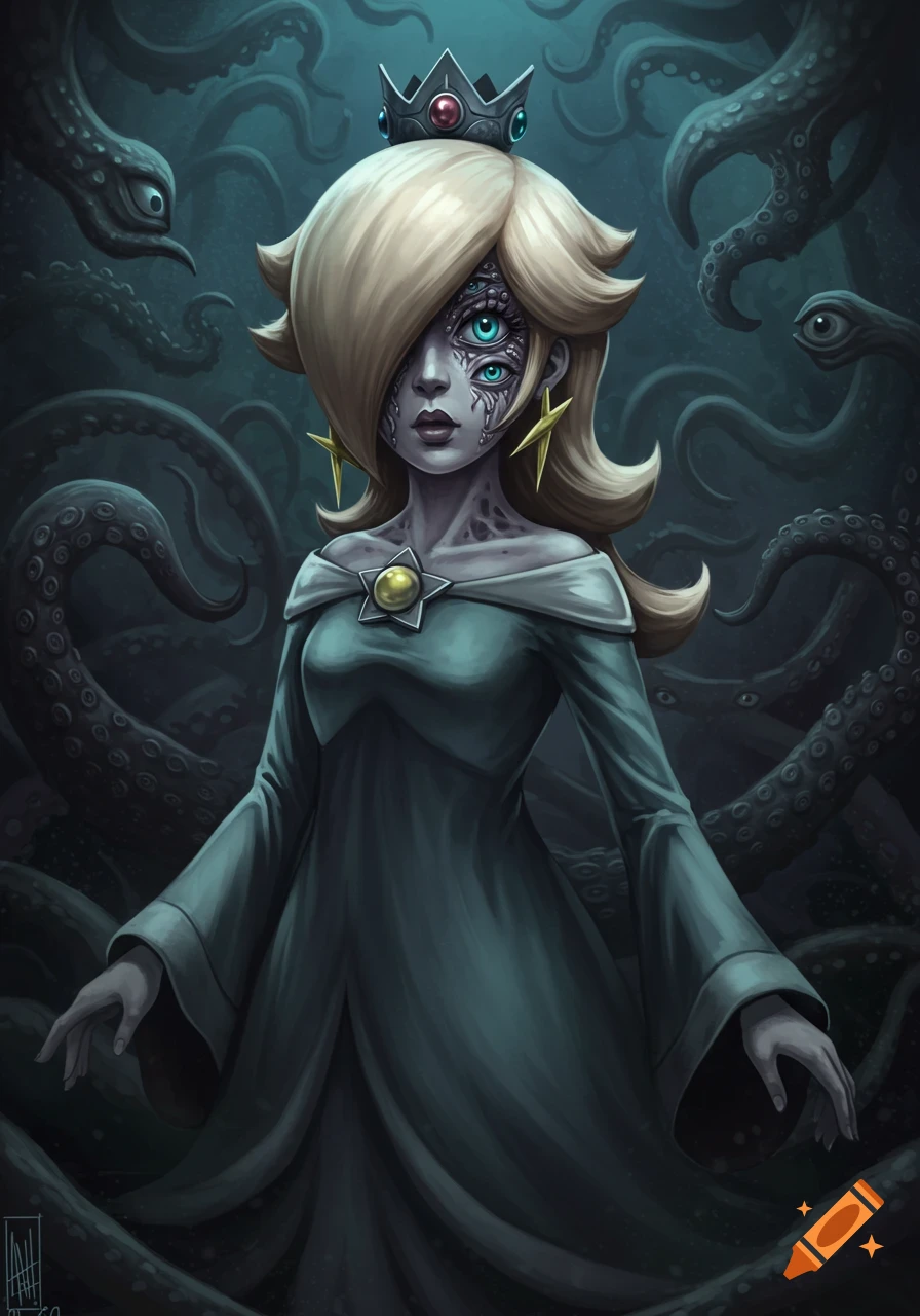 Lovecraftian Princess Rosalina with multiple eyes and gray skin, surrounded by dark tentacles with eyes, in a creepy digital painting.
