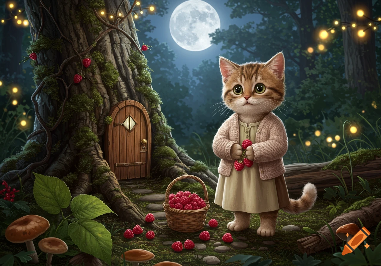 An anthropomorphic kitten in a knitted cardigan and dress holds raspberries in a magical forest at night with a fairy door, glowing lights, and a full moon.