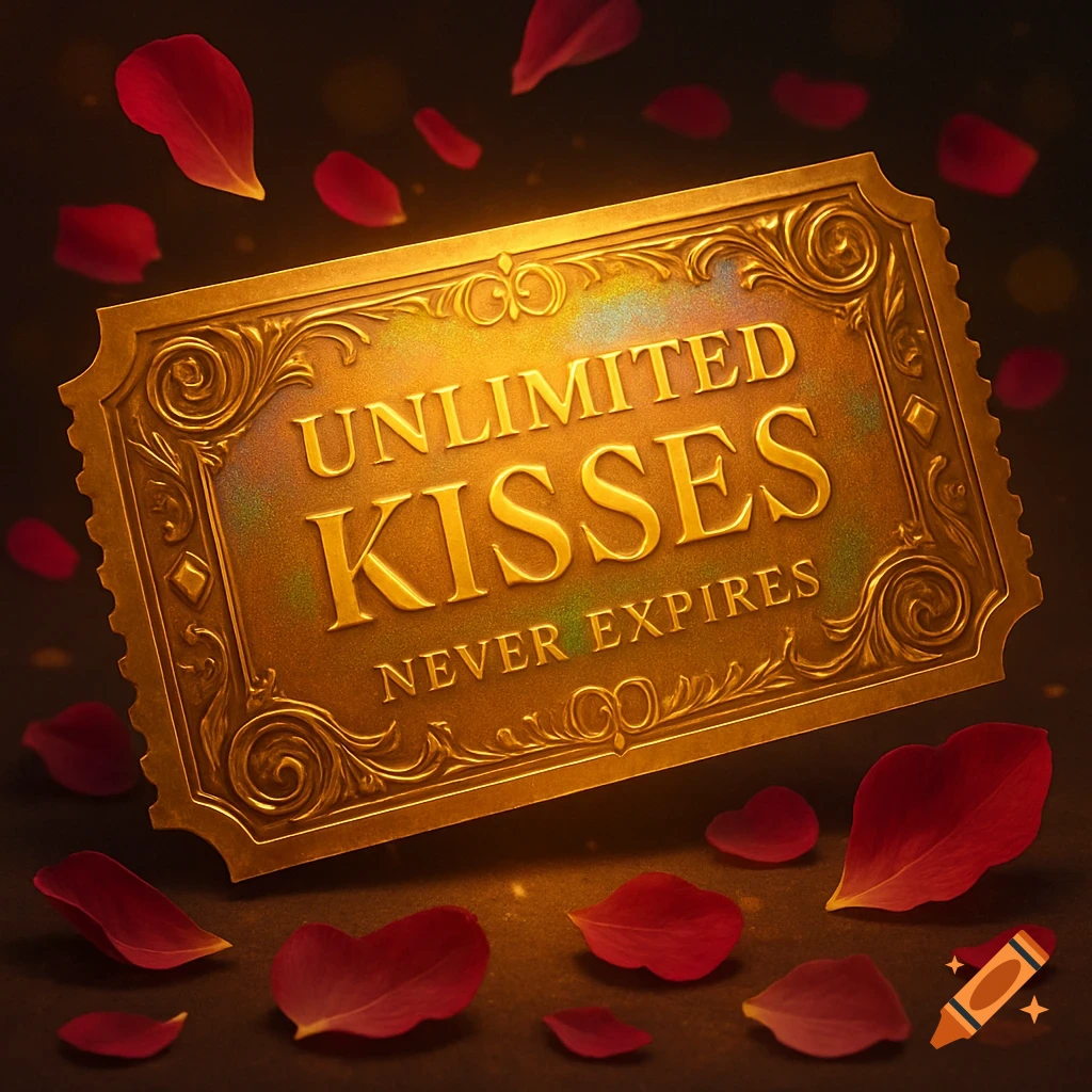 A shimmering golden ticket with the words 'UNLIMITED KISSES NEVER EXPIRES' surrounded by scattered red rose petals on a dark background.