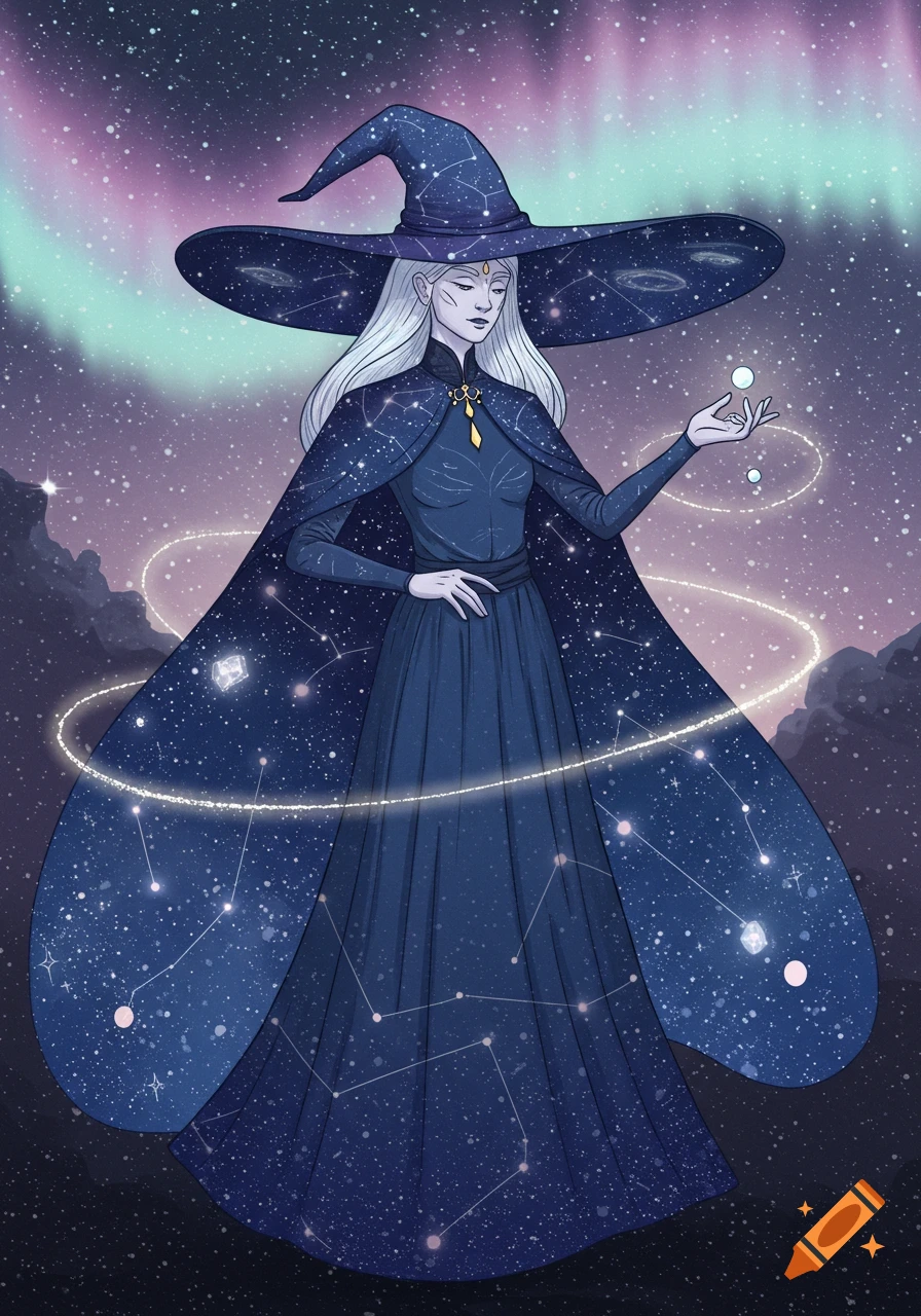 Illustrated cosmic witch in a starry cape and hat, holding glowing orbs against an aurora-lit night sky.