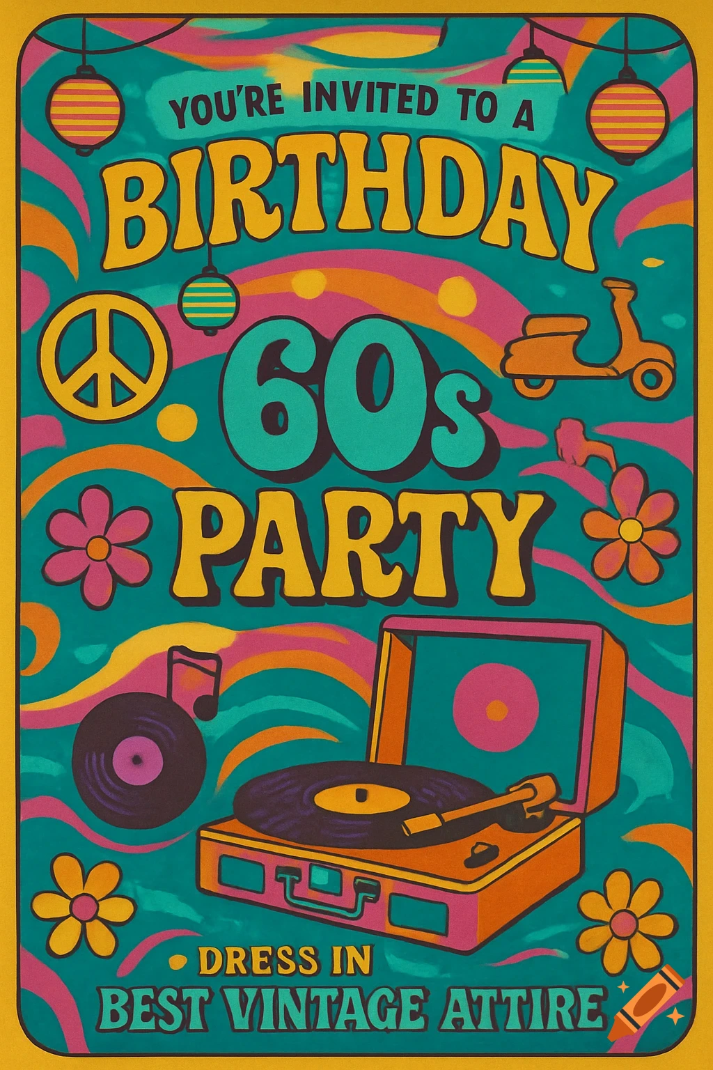 Vibrant 60s retro birthday party invitation poster with bold text, peace sign, scooter, record player, and flowers.