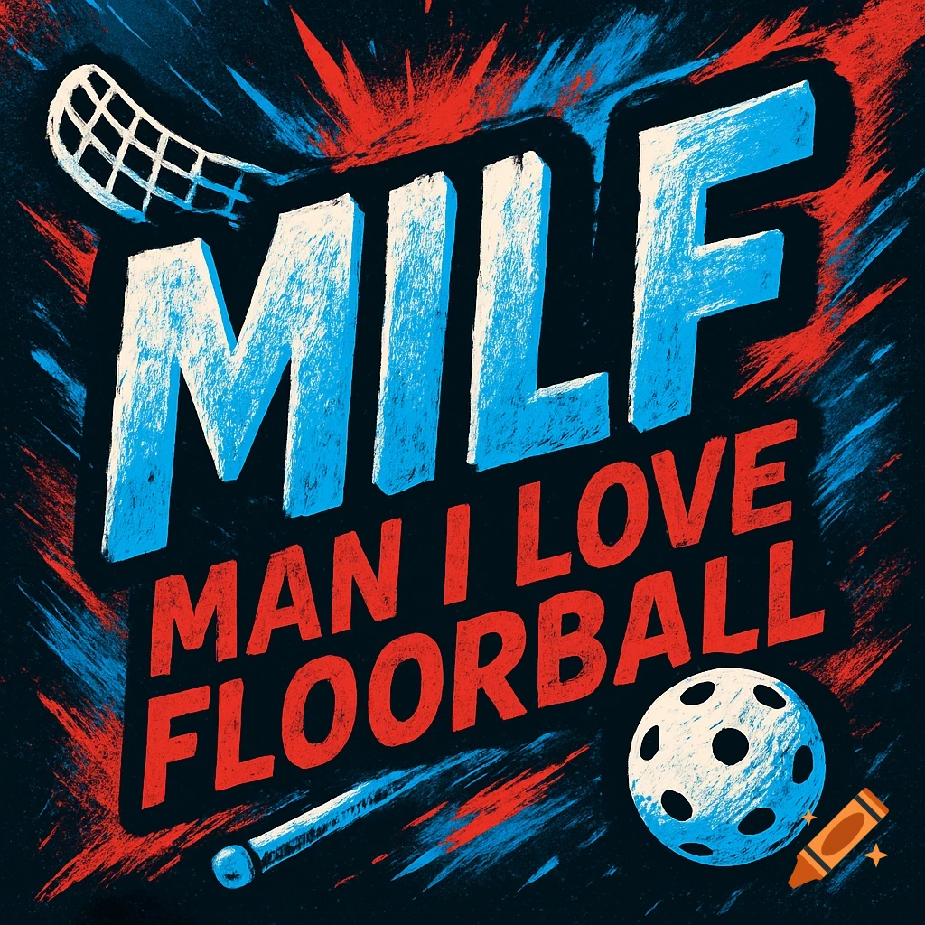 A graphic with large blue 'MILF' text above red 'MAN I LOVE FLOORBALL', with a floorball stick and ball, in a distressed, sporty style.