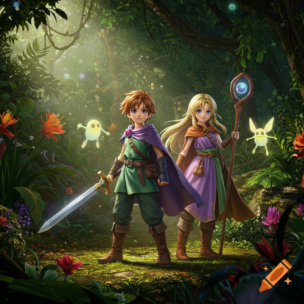 A boy with a sword and a girl with a staff stand in a lush, magical forest with glowing spirits, in a vibrant anime style.