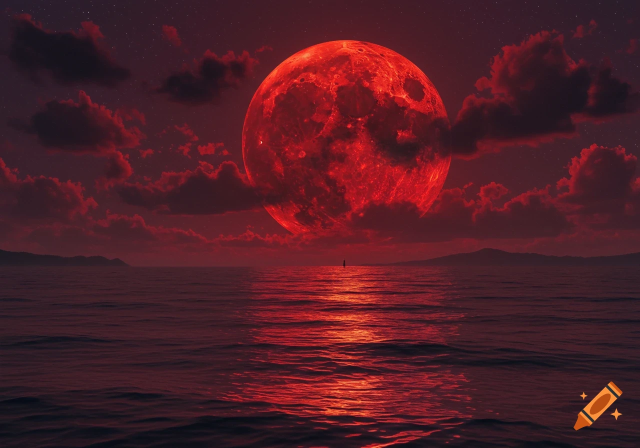 A colossal red moon dominates the dark, cloudy sky over a vast, calm ocean with a tiny figure in the distance, bathed in red light.
