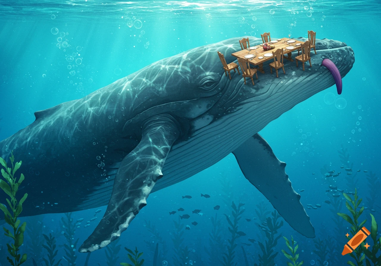 A large whale swims underwater with a dining table and chairs on its head, a long purple object emerging from its mouth.