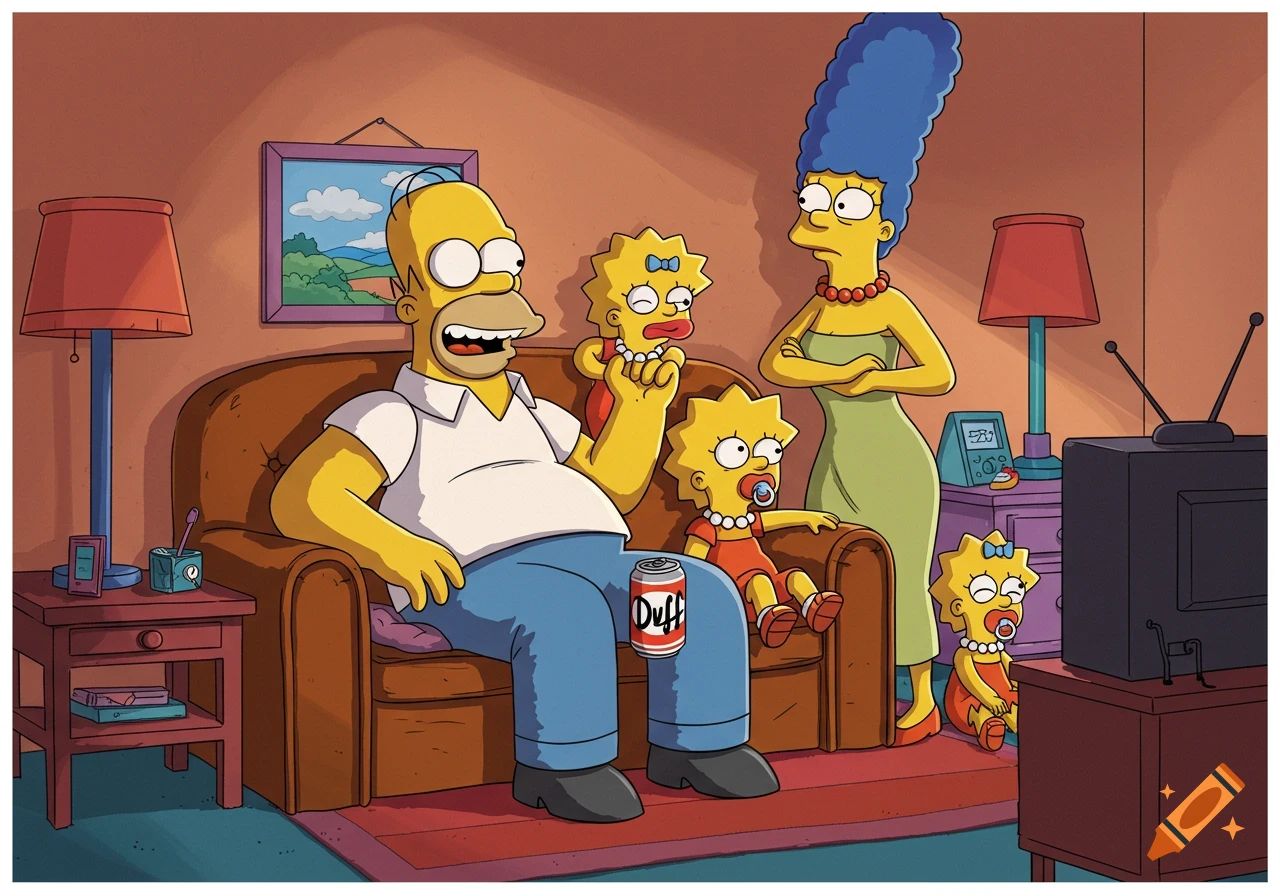 Homer, Marge, and three babies resembling Maggie sit in a living room in The Simpsons cartoon style. Homer holds a Duff beer.