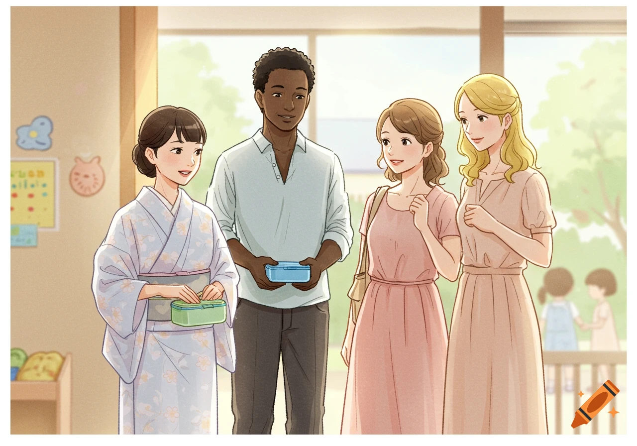 Watercolor illustration of four diverse parents in a brightly lit daycare classroom.