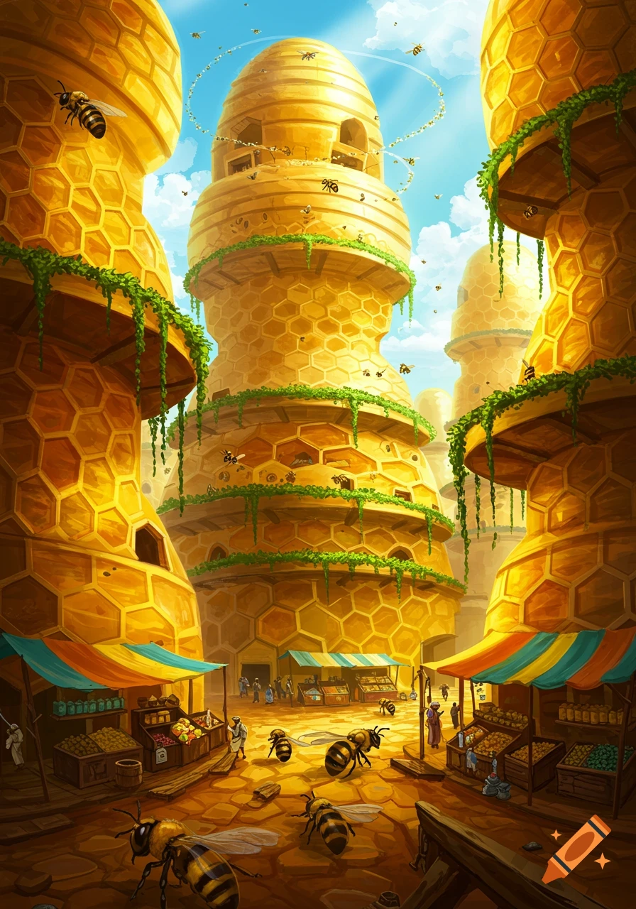 Vibrant fantasy illustration of a towering bee-hive city with market stalls and large bees flying and walking among golden honeycomb structures.