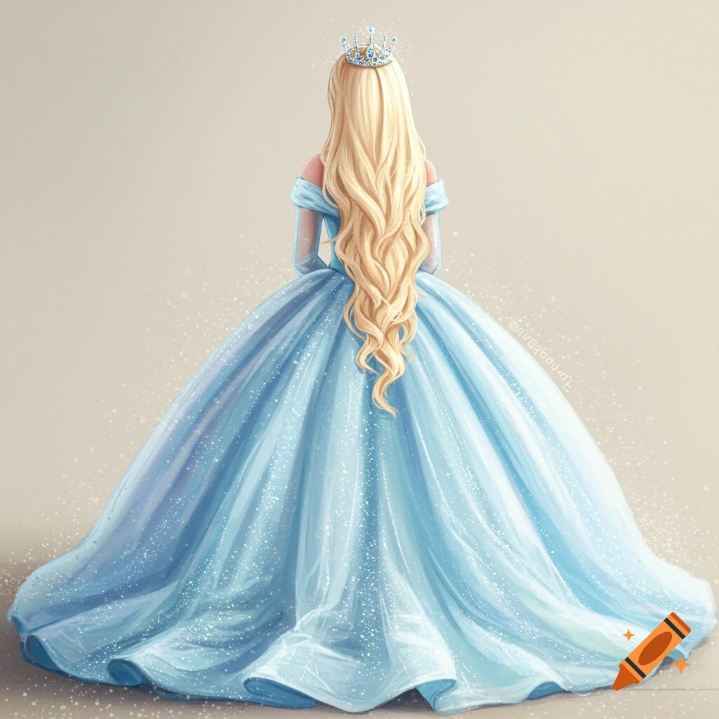 A princess with long blonde hair, wearing a shimmering blue ball gown and a crown, seen from behind in an illustration.
