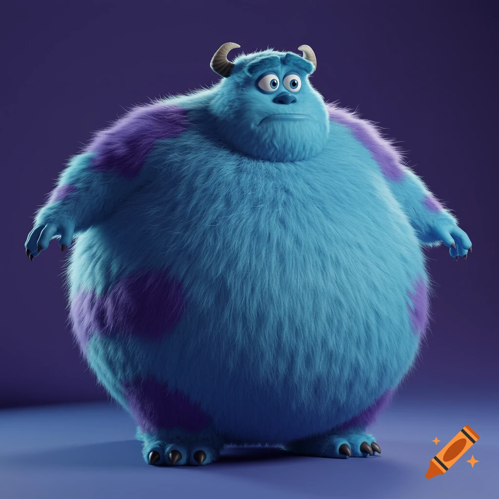 A 3D render of an extremely obese, spherical Sully from Monsters Inc., blue and purple, with a nervous and confused expression.