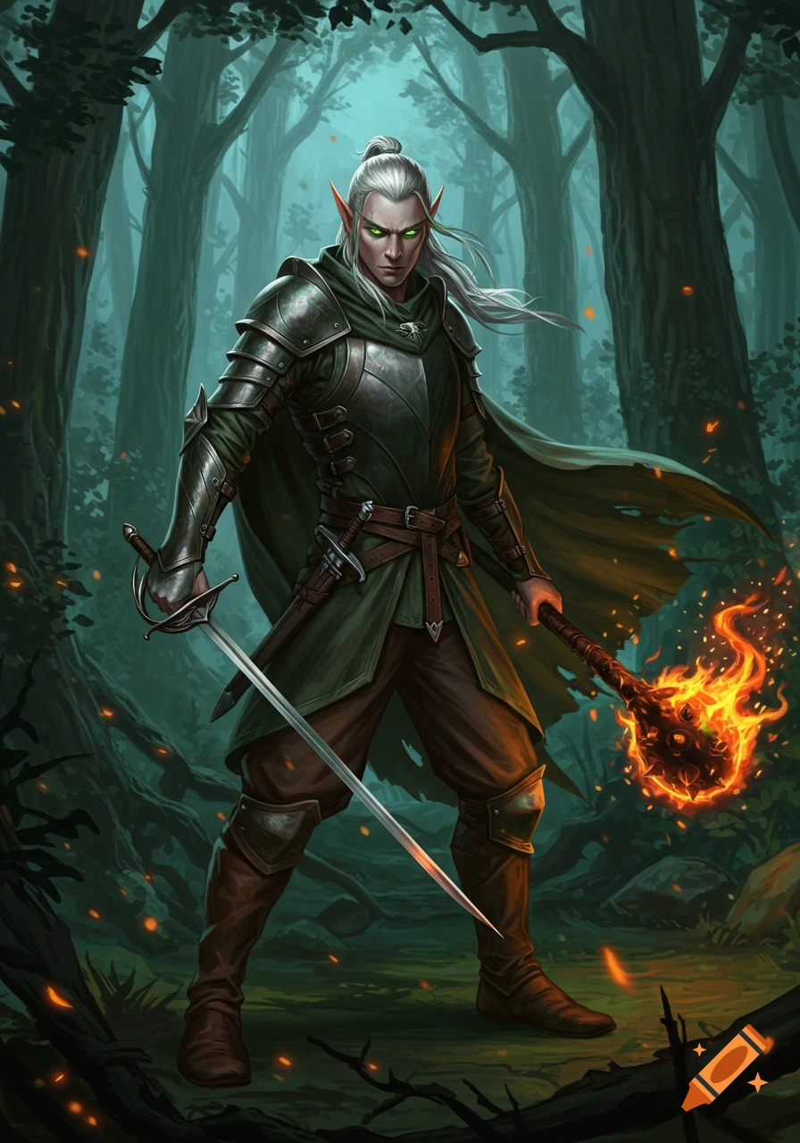 An elf warrior with white hair, green eyes, and green armor stands in a dark forest, holding a sword and a flaming mace.